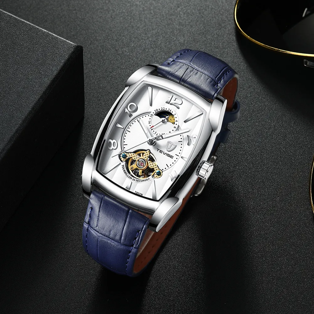 Tevise Fashion Mens Watches Moon Phase Tourbillon Mechanical Watch Men Leather Sport Wristwatch Male Clock lelogio masculino224b