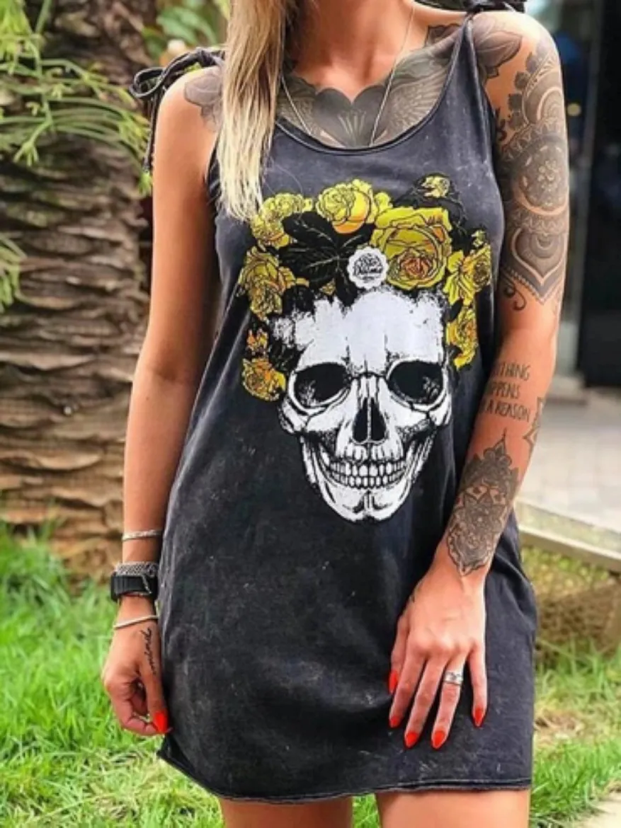 2020 Summer Dress Women Casual Punk Loose Short Sleeve Skull Print Female Dress Streetwear Side High Split Flower Female Vestido CX200701