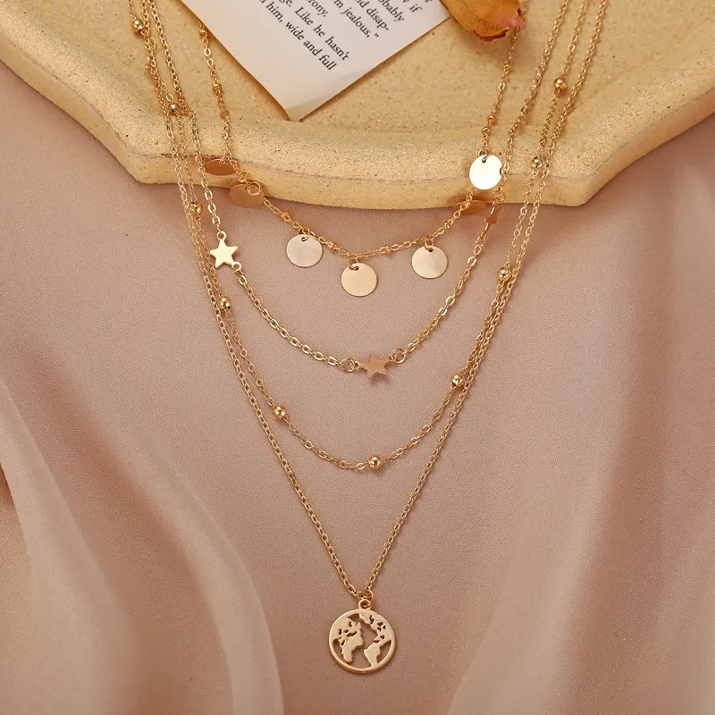 Women Bohemian Creative Round Five-pointed Star Style Pendant Necklace Simple Multilayer Clavicle Chain Fashion Jewelry