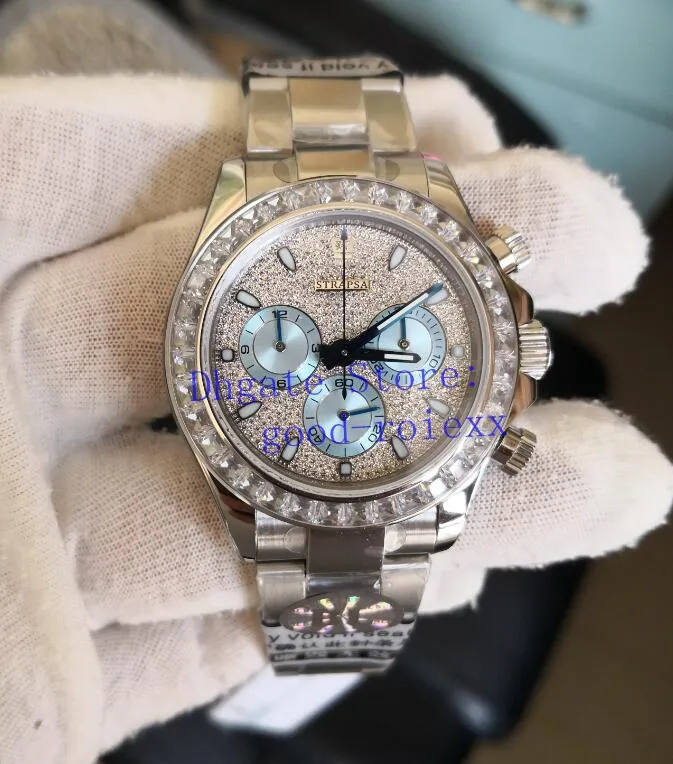 Mens Watch Automatic Chronograph Cal 4130 Full Pave Diamond Dial Bezel Relógios Homens 116576 Cosmograph Eta Sapphire BLF Relógios de pulso207Q