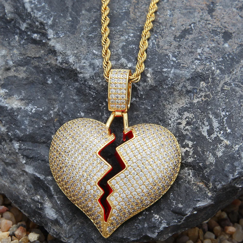 Colliers avec pendentif en forme de cœur d'amour brisé glacé, zircone cubique, or, argent, chaîne à breloques pour femmes et hommes, rappeur Hip Hop 217N