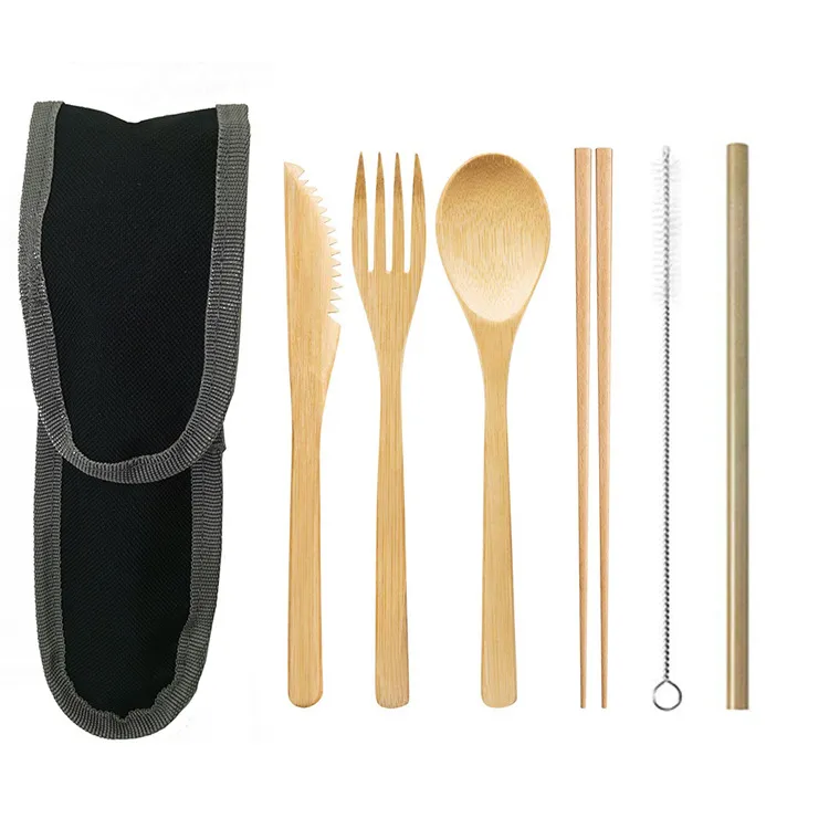 Ensembles de couverts bambou couteau fourchette cuillère kit paille de bambou portable pique-nique en plein air costume de vaisselle écologique