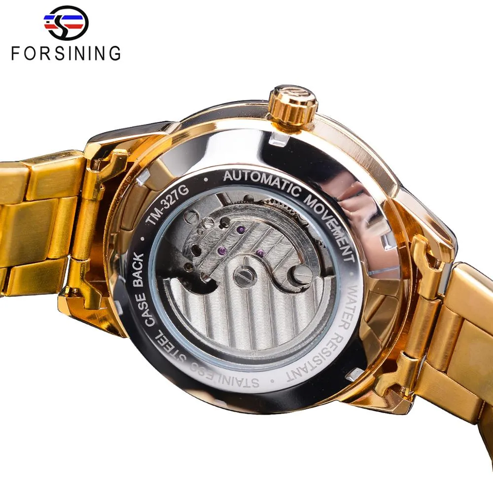 Forsining Golden Men mecánico Wallwatch 3D Dial automático Tourbillon Moonphase Full Steel Big Watches Relogio Masculino229z