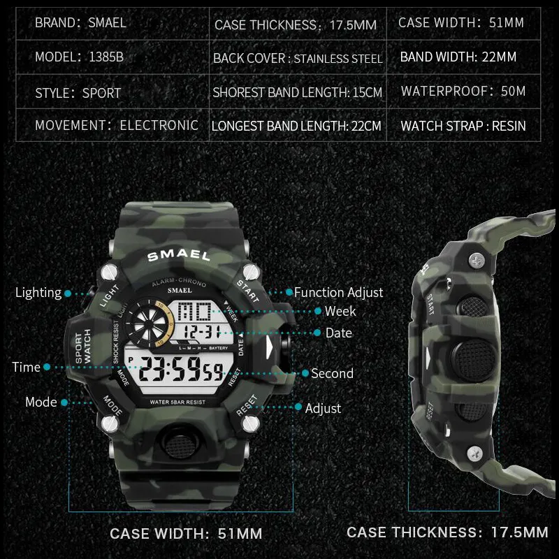 Sport Quartz Digital Watches Male Watch SMAEL Sport Watch Men Waterproof relogio masculino Clock White Digital Military Watches V1252g