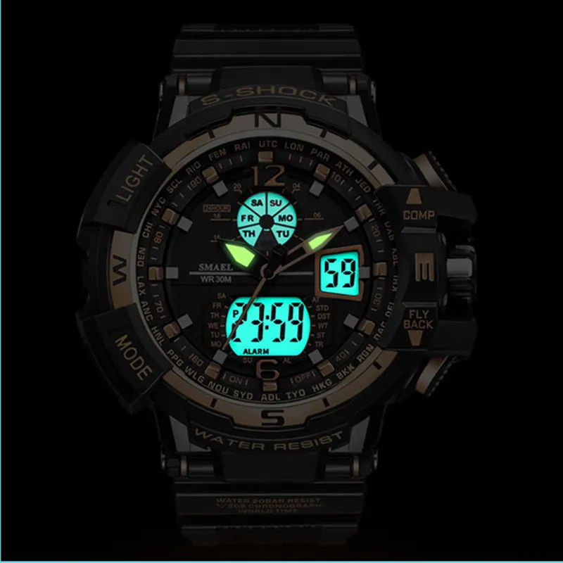 SMAEL Luxus-Mann-Sport-wasserdichte stoßfeste Luxus-Herrenarmbanduhr S Shock 1376 Digitaluhr LED-Herrenuhren Gold296L