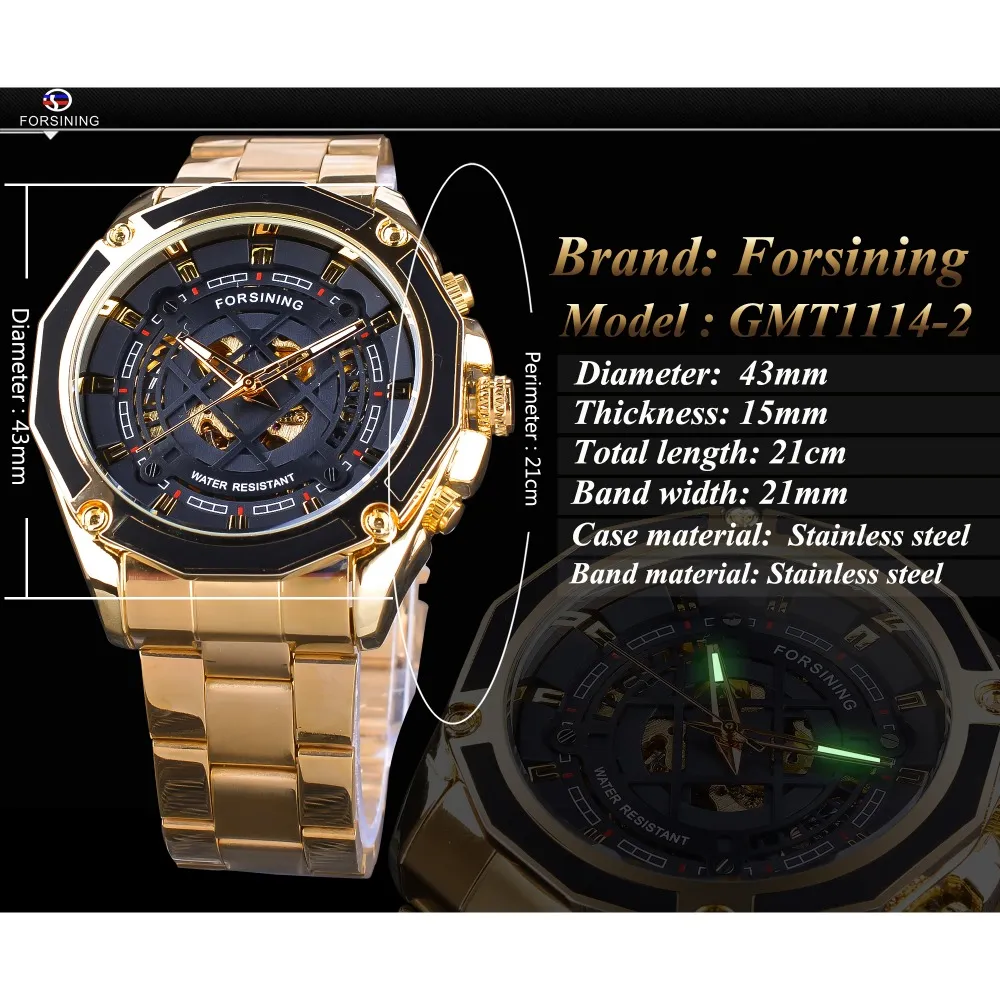 Forsining 3D Transparent Design Gold Edelstahl Herren Automatische Skeleton Uhr Top Marke Luxus Männlichen Uhr Montre Homme189t