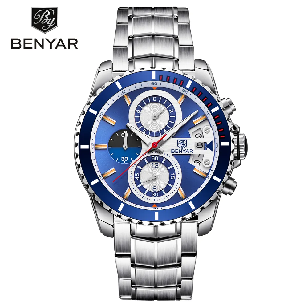 BENYAR Fashion Business Dress Mens Watches Top Brand Luxury Chronograph Full Steel Waterproof Quartz Clock Support Drop230t