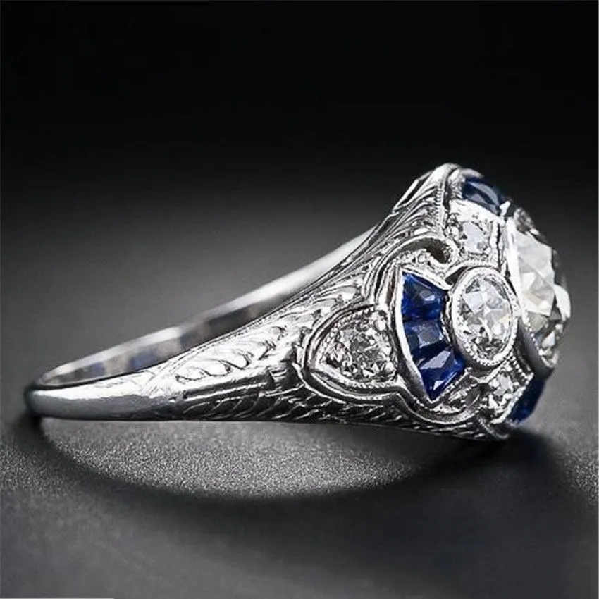 Omhxzj intero europei a tre anelli di pietra di moda donna uomo regalo regalo di nozze di lusso ovale blu topaz zircone 18kt bianco go8964655