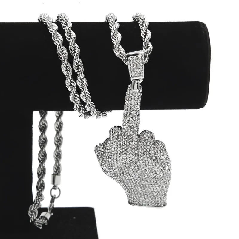 Collana Hip Hop con ciondolo ghiacciato da uomo alla moda Collane bling con dito medio eretto Gioielli Hiphop286Z