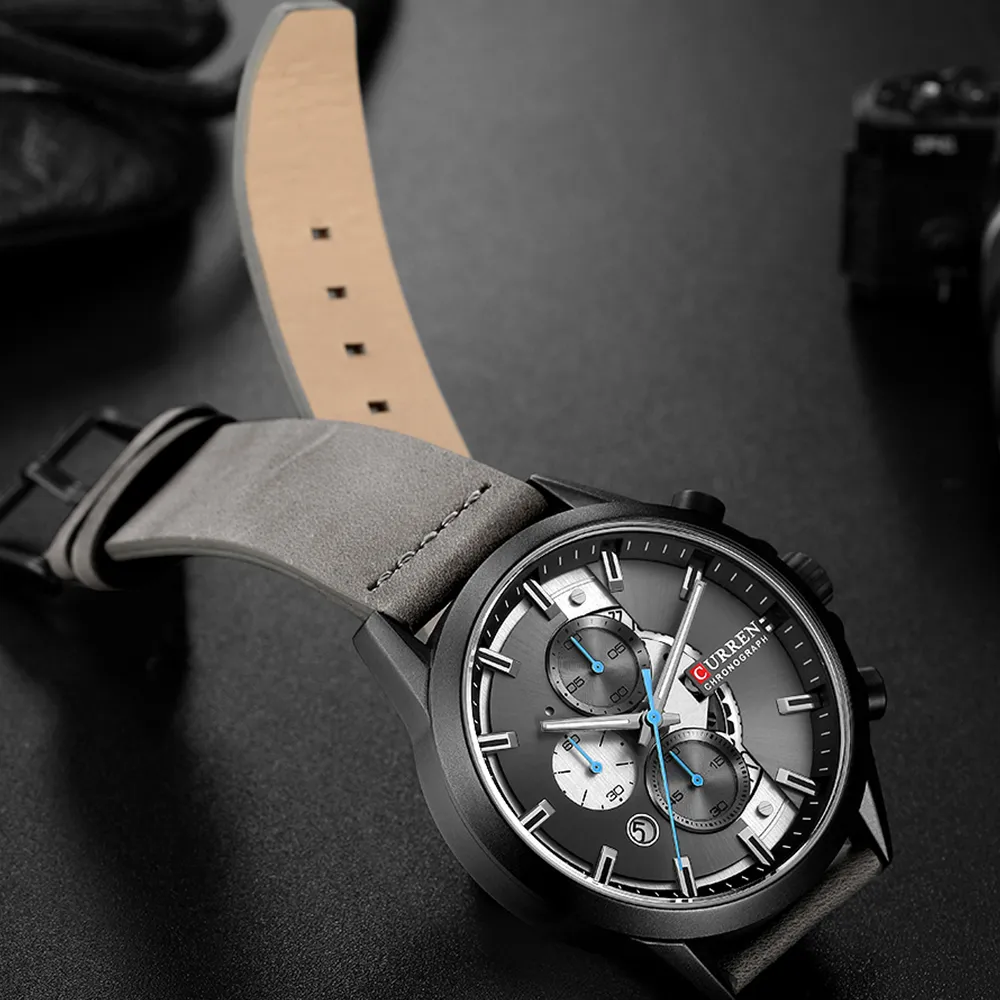 Men's Sports Watch with Chronograph CURREN Leather Strap Watches Fashion Quartz Wristwatch Business Calendar Clock Male2613