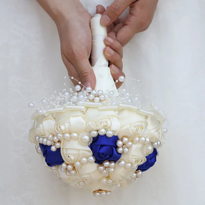 Feito à mão marfim royalblue nupcial frisado diamante buquês de casamento artificial dama de honra segurando flores acessórios de casamento w234b305z