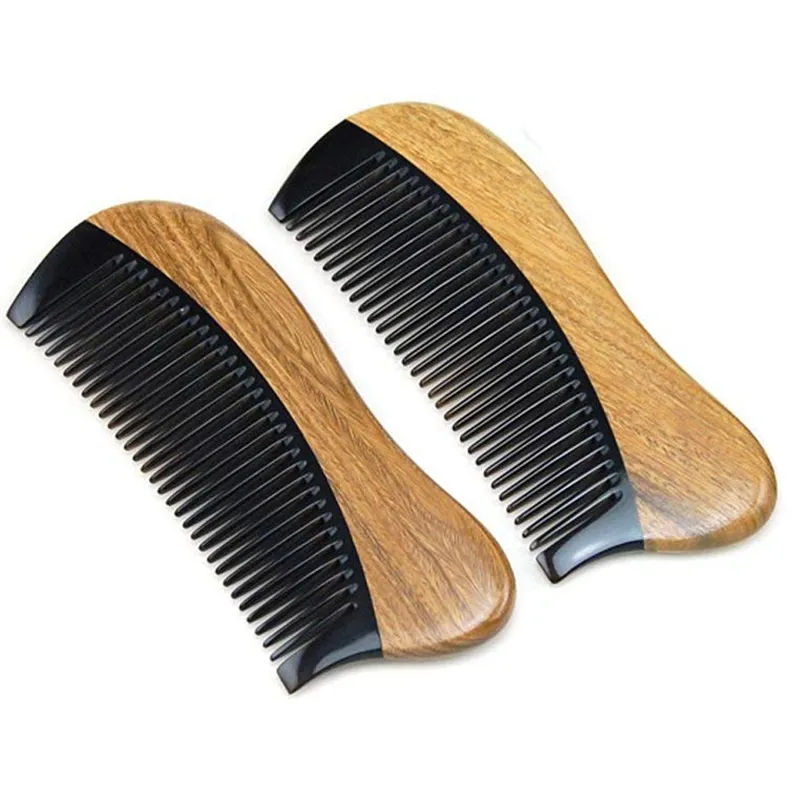 Pettine capelli in legno di sandalo verde naturale - Pettine capelli in corno di bufalo nero a denti fini senza elettricità statica legno di sandalo verde