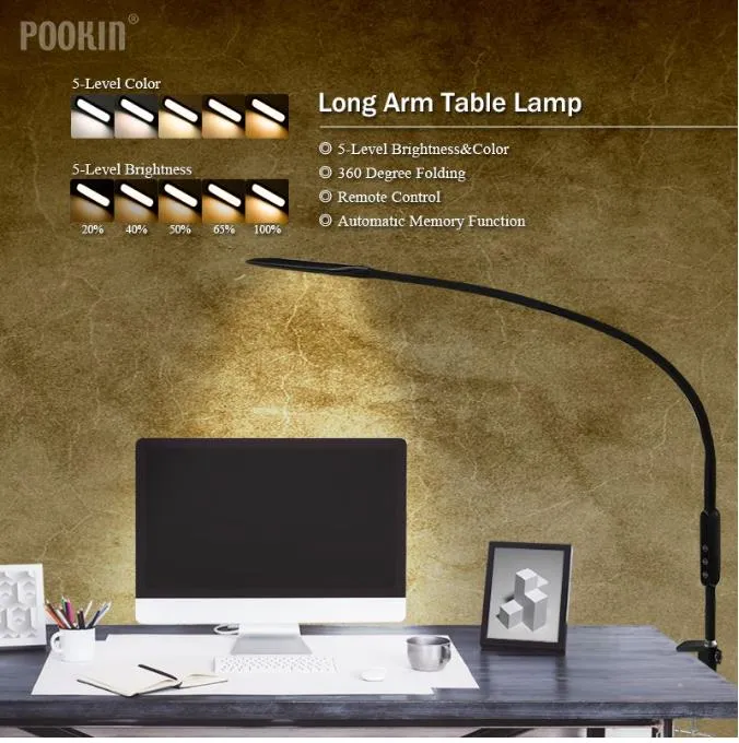 Lampe de Table à bras Long avec pince, lampe de bureau Led avec télécommande, protection des yeux, pour chambre à coucher, luminosité à 5 niveaux, couleur 221P