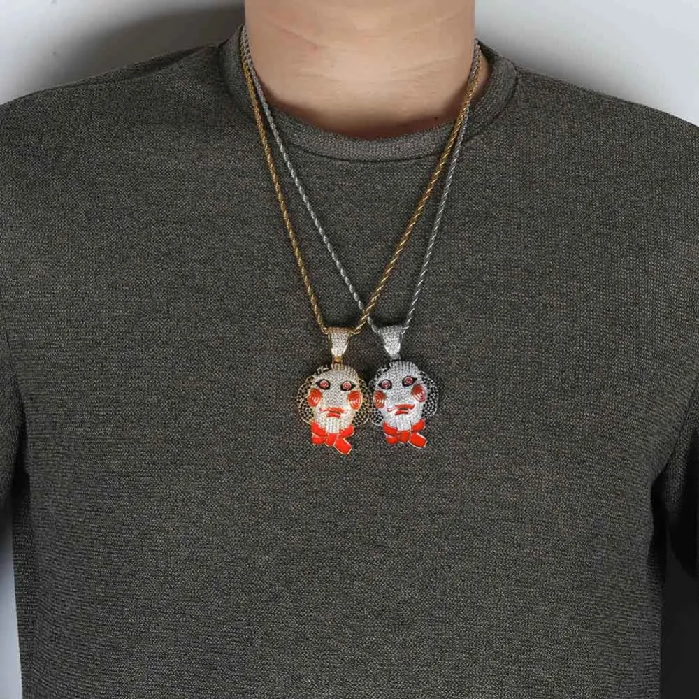 69 Sägepuppenkopfmaske Anhänger Halskette aus Kubikzirkon Hip Hop Gold Silber Farbe Frauen Charme Chain Juwelry225u