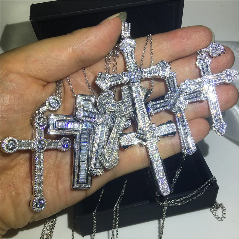 Vecalon fait à la main Hiphop grande croix pendentif 925 en argent Sterling Cz pierre Vintage pendentif collier pour femmes hommes bijoux de mariage 1305Y