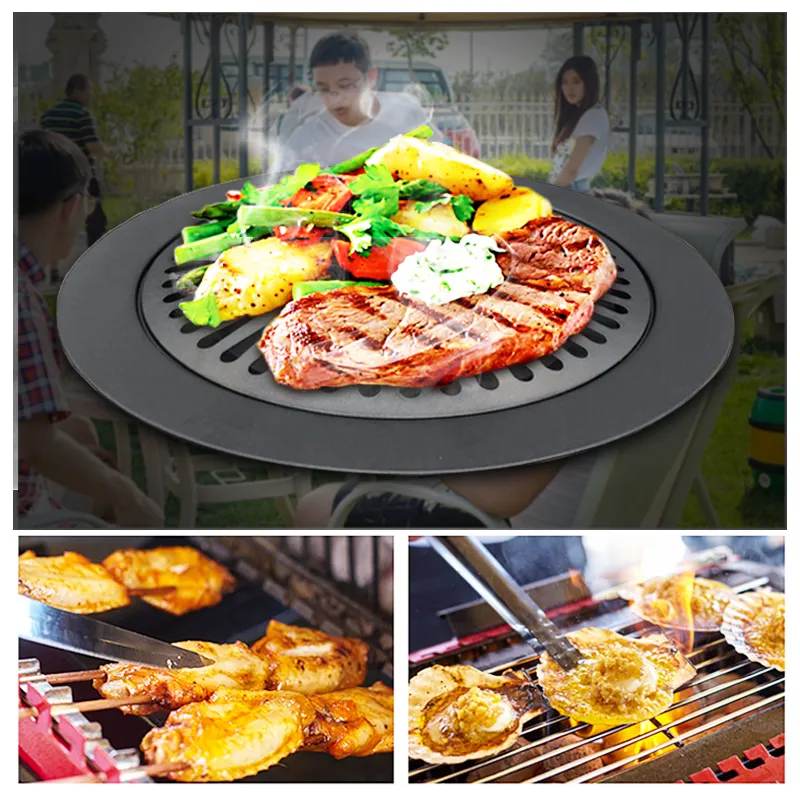 Korean Outdoor Barbecue Grill Non-Stick BBQ Grills Round Pan Grills Easily Cleaned Carbon Steel Barbecue BBQ Accessories Tools T20292J