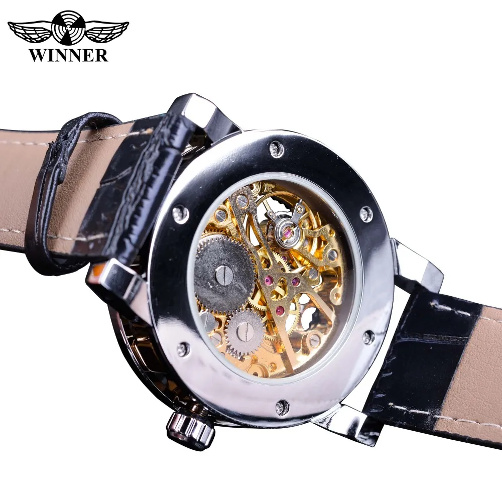 Winnaar Zwart Gouden Retro Lichtgevende Handen Mode Diamant Display Heren Mechanische Skeleton Horloges Topmerk Luxe Klok Wat183g