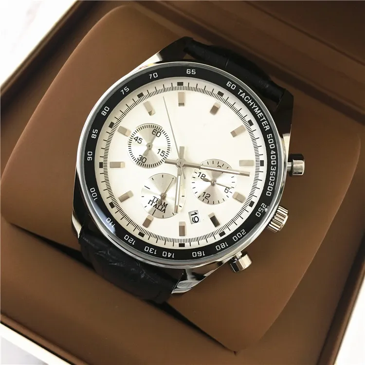 Big Dial 42 mm luksusowy człowiek czarny skórzany zegarek wszystkie subdials robiąc stal nierdzewna najwyższej jakości zegarek mody kwarcowy upuszczenie shippin321b