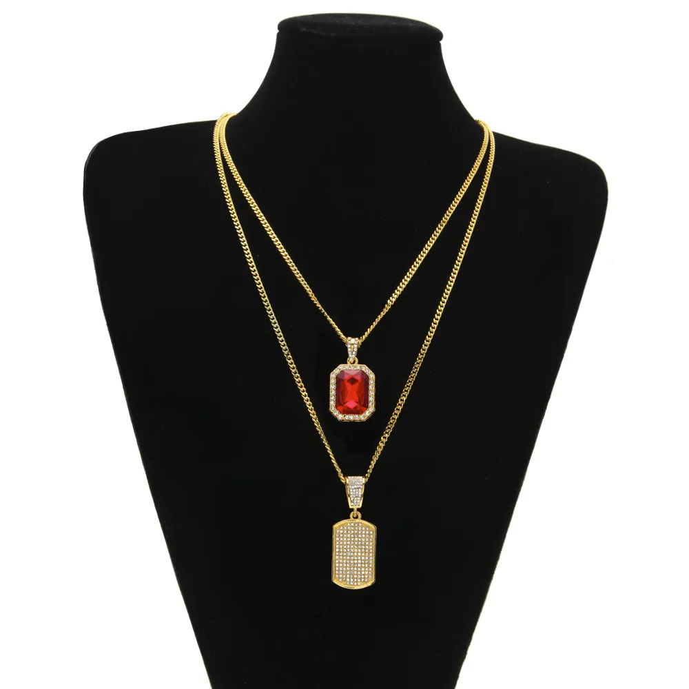 ensembles pendentif noir rouge bleu pierre précieuse gros strass étiquette de chien chaîne cubaine deux collier hommes femmes hiphop bijoux 2 colliers 2029