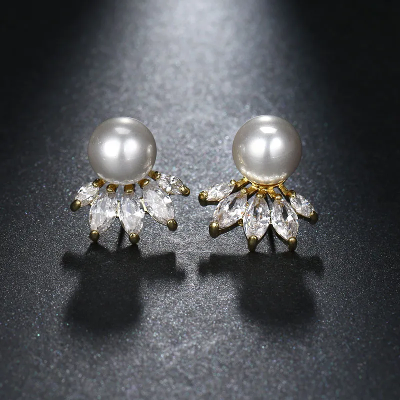 Fashion Cute Exquisite Flower Stud Pearl Crystal Earings Studs White Zircon for Women Jewelry Wedding Party Gifts2543