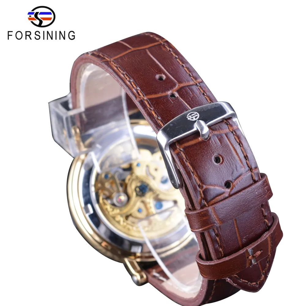 Forsining Retro Römische Zahl Braunes Leder Königliche Blume Mechanische Skeleton Transparent Herren Automatische Uhren Top Marke Luxury3276