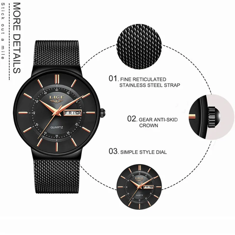 Mens Watches Lige Top Brand Luxury Waterproof Ultra Thin Date Clock Male Steel Strap Casual Quartz Watch Men Sports handled Watch CJ241Q