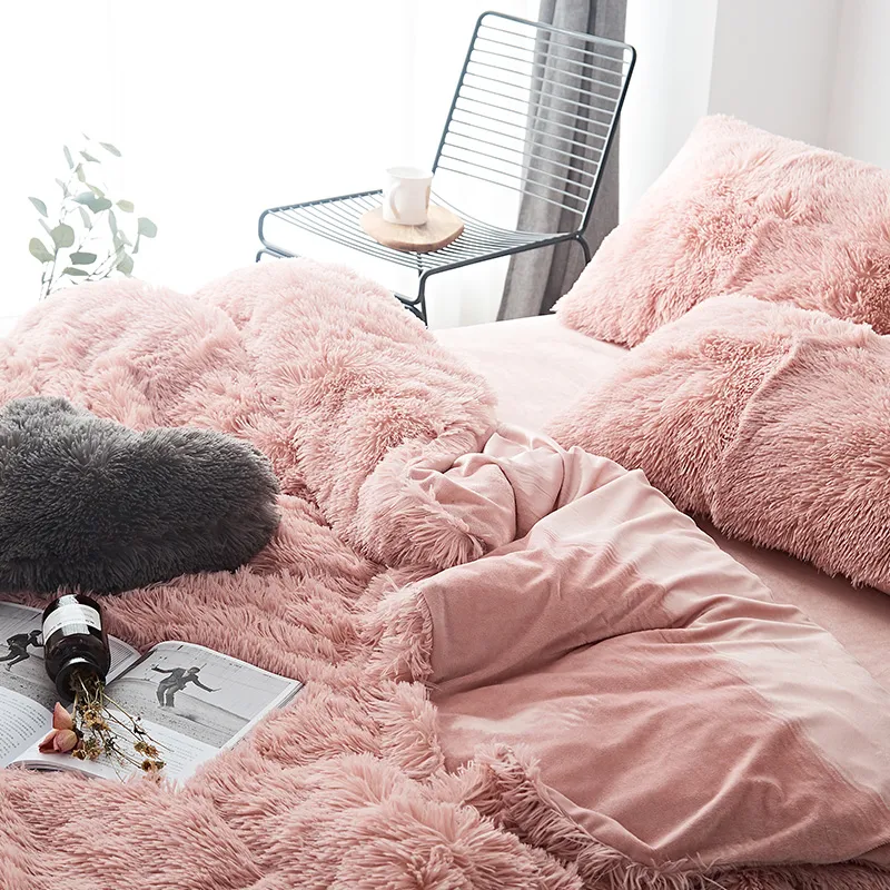 Tessuto in pile bianco rosa invernale spesso di biancheria da letto in puro colore visone copripiumino in velluto lenzuolo biancheria da letto federe292J