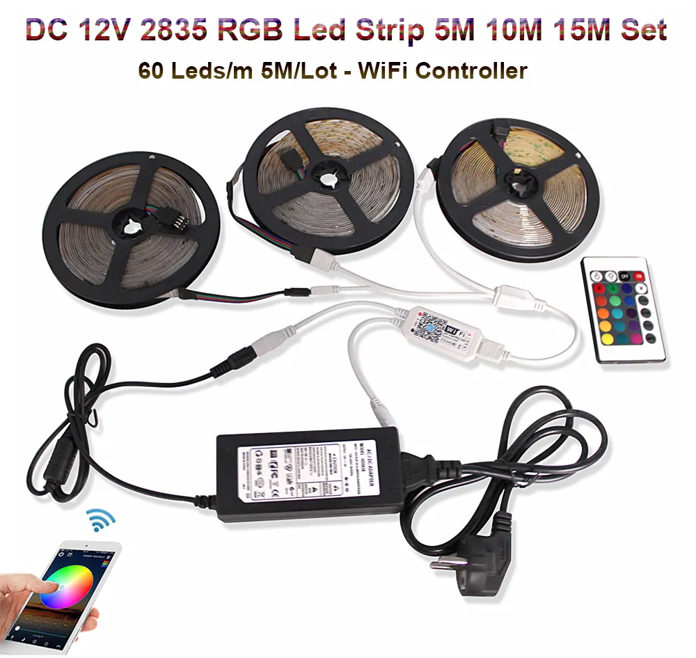 2835 LED-striplicht RGB WiFi 10M 5M 15M DC 12V waterdicht lint Tira LED-diodetape 60 LEDsm afstandsbediening voedingsadapter1461269