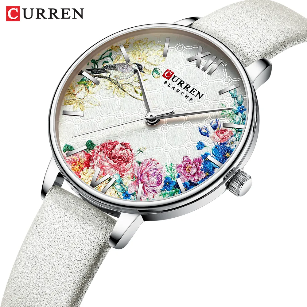 Curren White Leather Watch for Women Watches Fashion Flower Quartz Wristwatch Female Clock Reloj Mujer Charms Ladies Gift2598