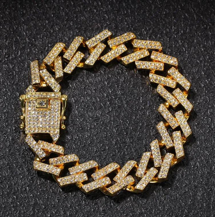 15mm corrente cubana 18k ouro prata cheio de diamante pulseira masculina hip-hop rap dj jóias pulseira acessórios de moda whole2273