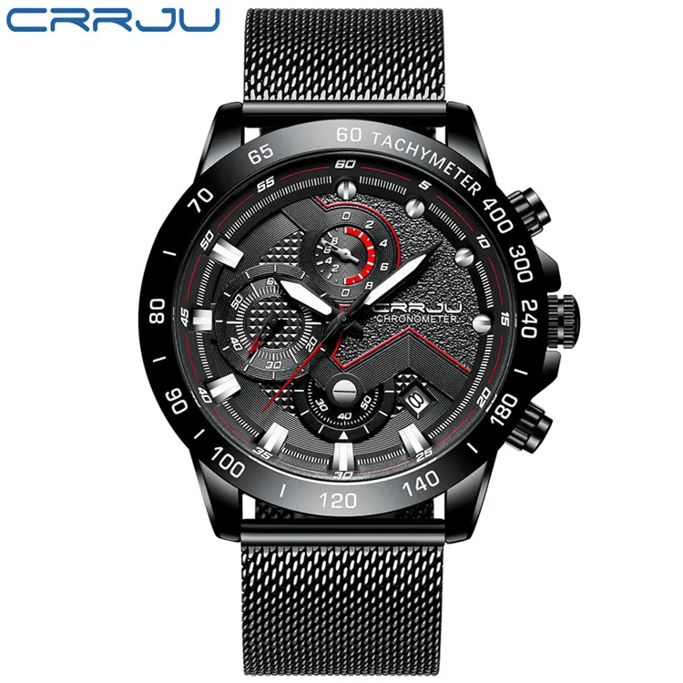 Crrju 2020 hommes montres haut hommes sport chronographe montres hommes Quartz horloge mâle plein acier montre-bracelet 244b