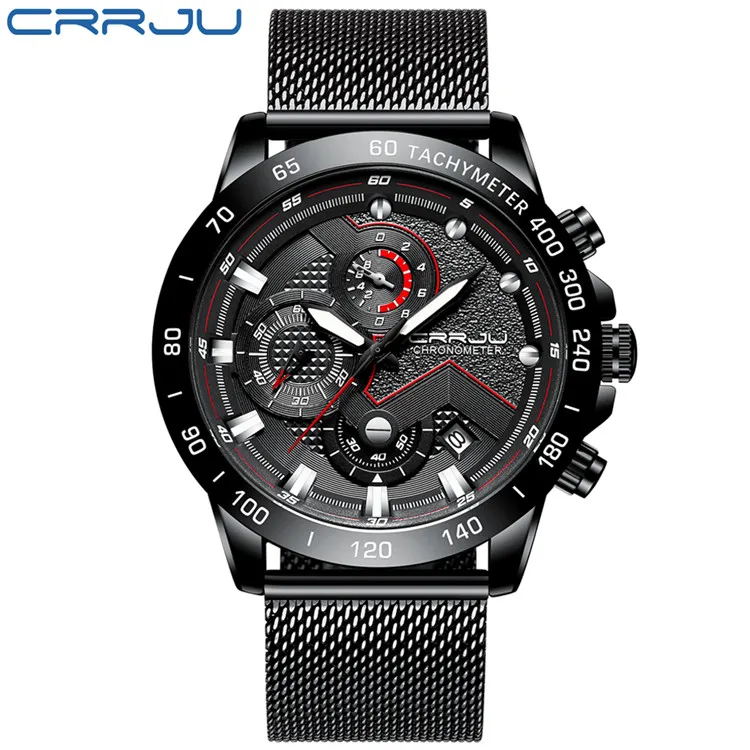 Crrju 2020 Mens Watches Top Men Sports Chronograph Watches Men's Quartz Clock Male Full Steel Wrist Watch244b