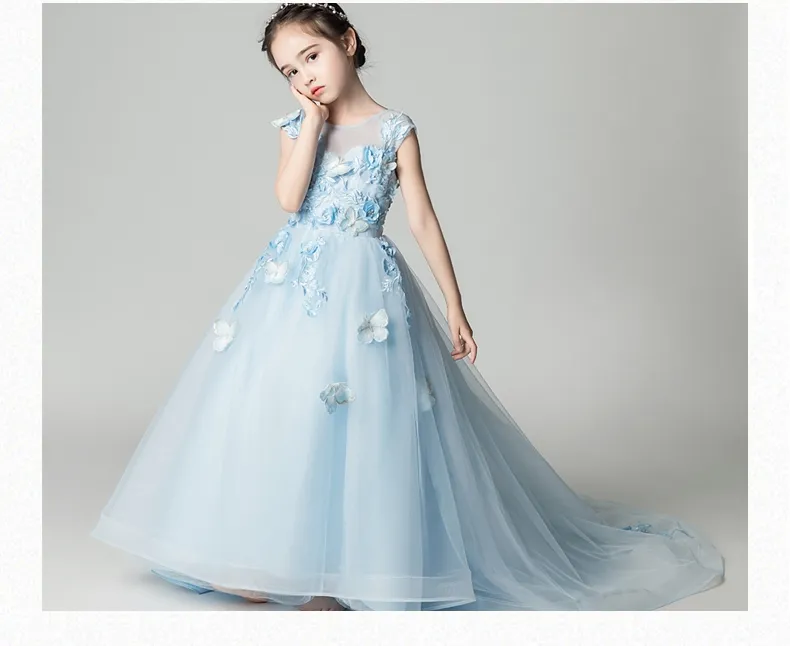 Robe de soirée d'anniversaire de reconstitution historique de sirène fille bleu clair perles Appliques fleurs fille robe de princesse moelleux enfants première Communi220k