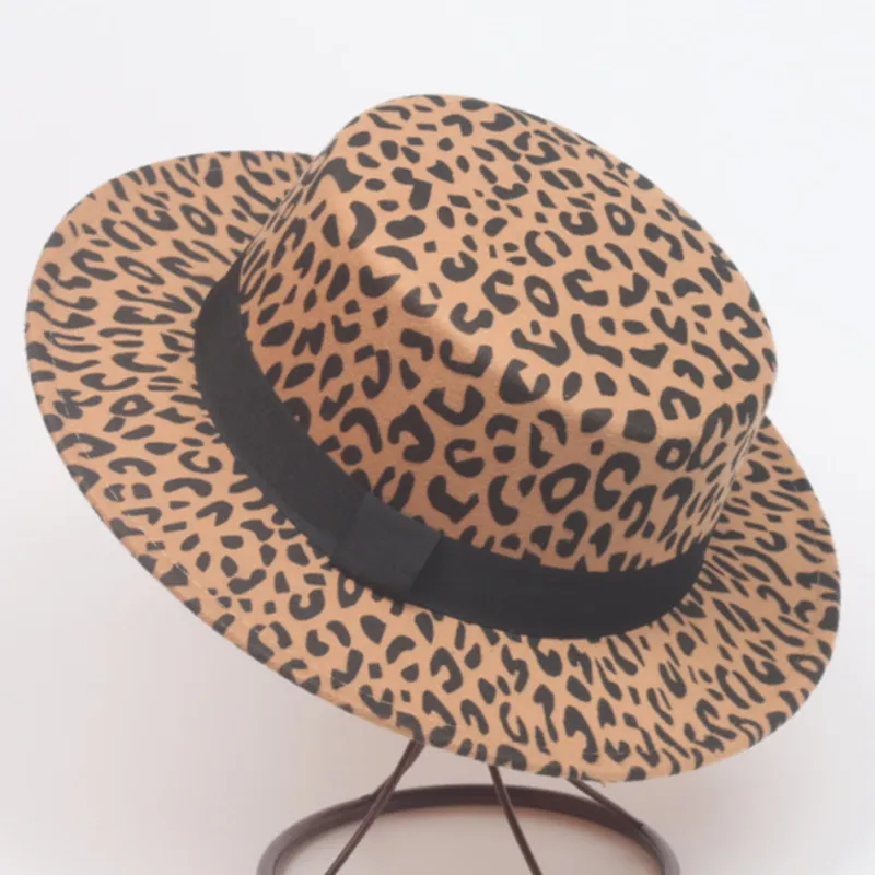 2020 Novos homens homens leopardo lã de lã Felta chapéu de boate largo lar superior chapé fedora retro damas formal fester trilby cap9110265
