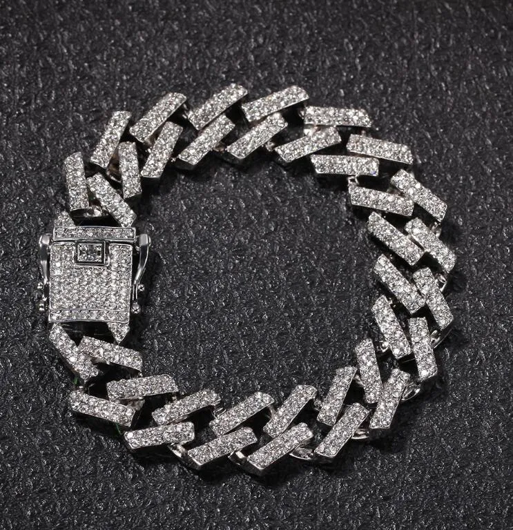 15 mm łańcuch kubański 18-karowy złoty srebrny pełna diamentowa bransoletka męska hip-hop rap dj biżuteria bransoletka moda Akcesoria Wholle291c