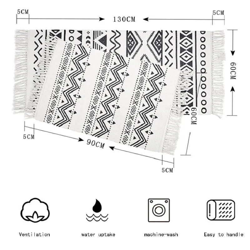 Марокко, черно-белый хлопковый ковер ручной работы для гостиной, спальни, кухни, прихожей, прочный, можно стирать в машине, коврики с кисточками Mat1287W