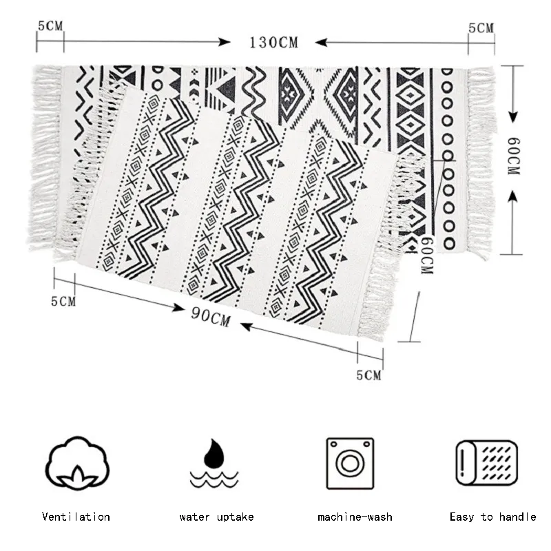 Marocko svart vit bomullshandvävd matta för vardagsrum sovrum kök i hallen hållbar maskin tvättbara tofsar område mattor mat1263j