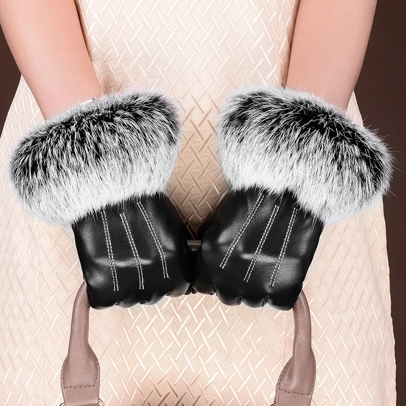 Guantes de piel de oveja negros de invierno, guantes de cuero para mujer, guantes de piel de conejo con parte superior de muñeca, guantes de piel de oveja, guantes de conducción femeninos cálidos negros CJ1269b