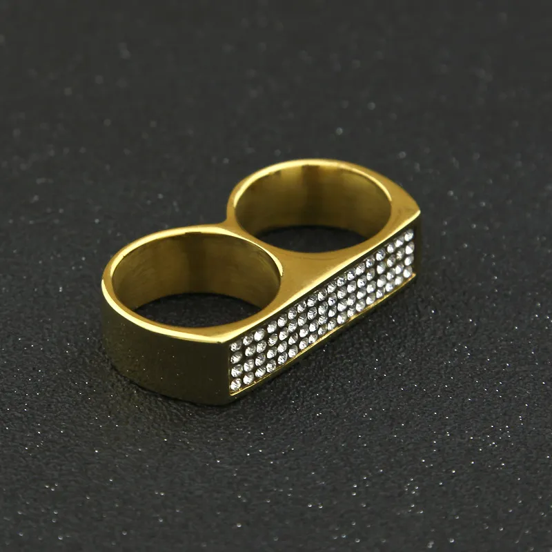 Мужское кольцо на два пальца в стиле хип-хоп со стразами, геометрические глянцевые позолоченные простые кольца из нержавеющей стали, модные украшения200y