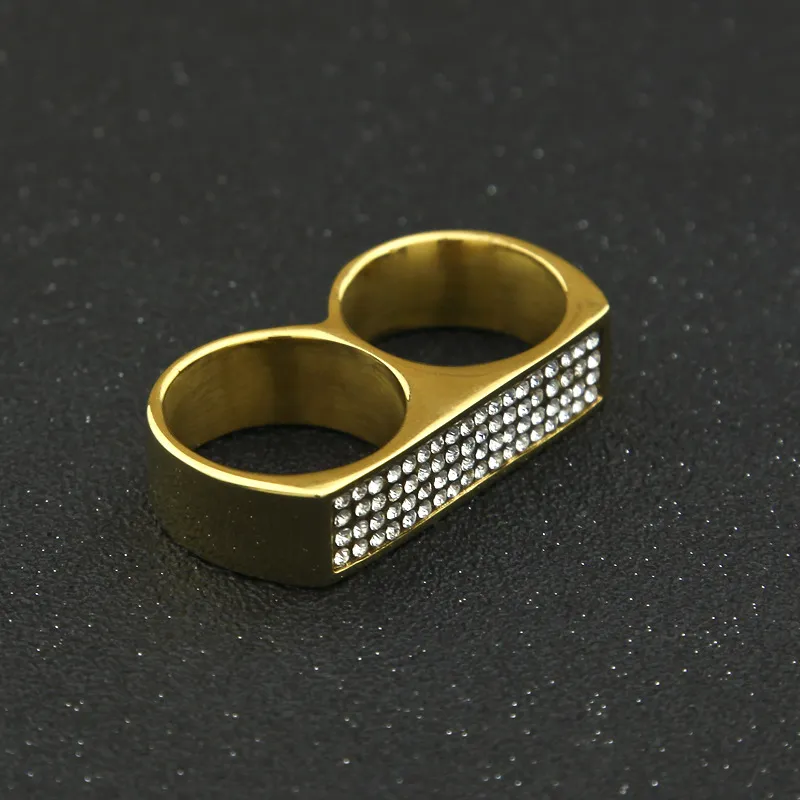 Anello a due dita con strass Hip Hop anelli semplici geometrici in acciaio inossidabile placcato oro lucido geometrico Gioielli di moda277Y