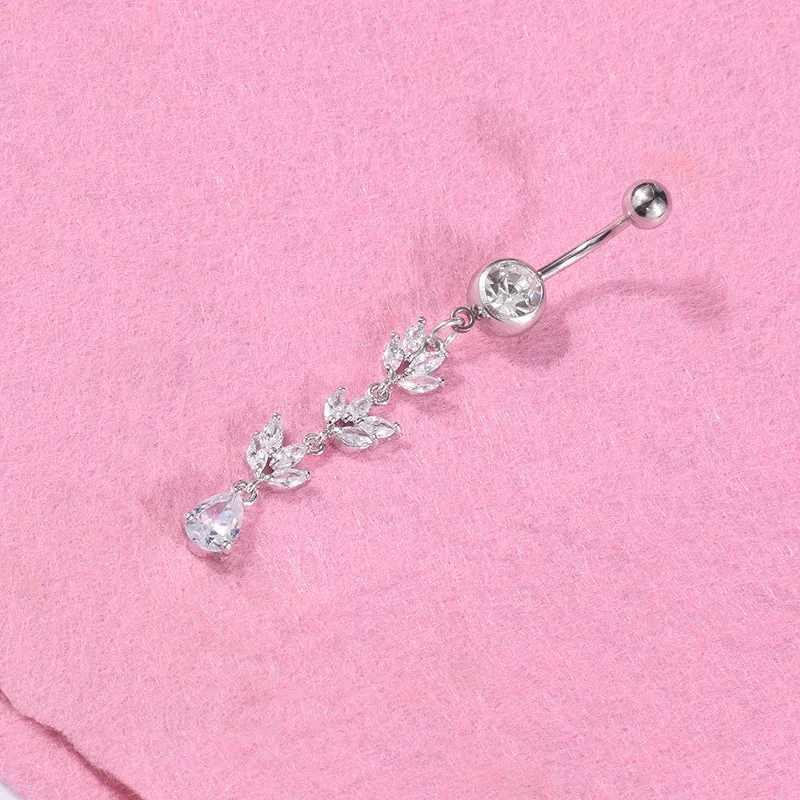 Argent Long Dangle Wasit Danse Du Ventre Cristal Corps Bijoux En Acier Inoxydable Strass Nombril Cloche Bouton Piercing Dangle Anneaux pour Femmes