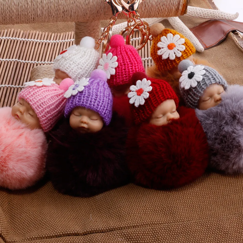 winter Cute Fluffy Pompom Sleeping Baby Doll Keychains Soft Faux Fur Ball Pendant Key Chain Car Keyring Cellphone Charm2696