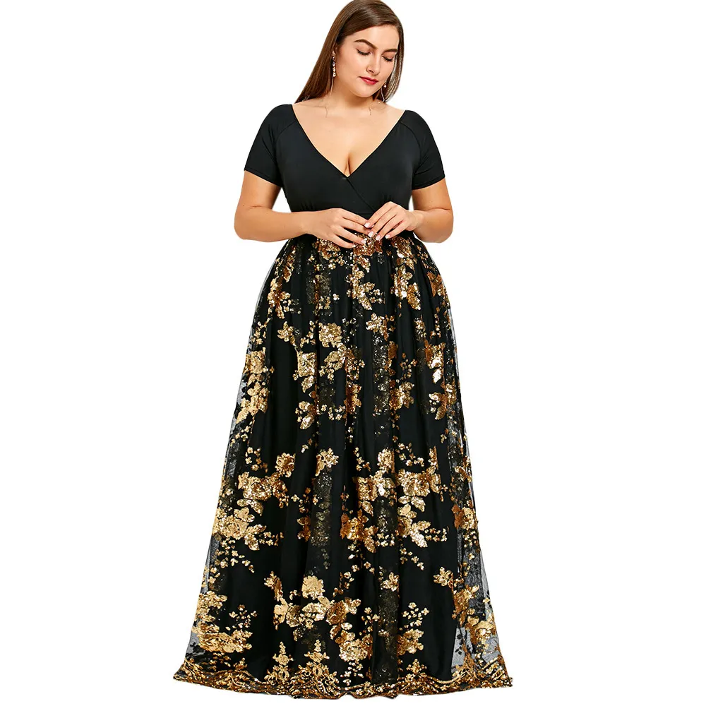 Rosegal Plus Size Floral Lantejoulas Maxi Vestido Mulheres Deep V