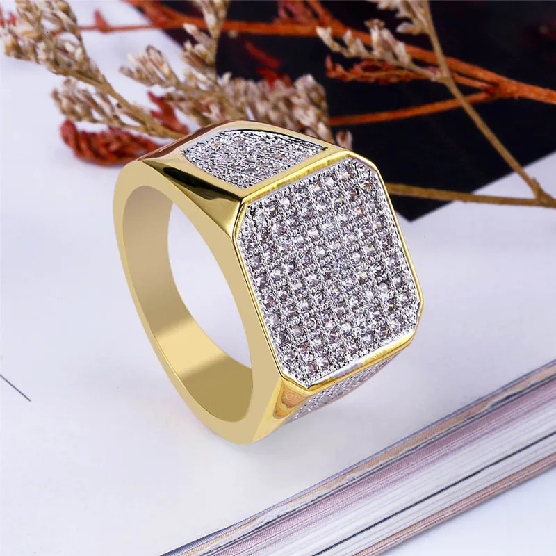 Hip Hop Iced Out Zircon Diamond Rings 18K Gold Plated Mens Finger Party Jewelry Gift Size 7-112877