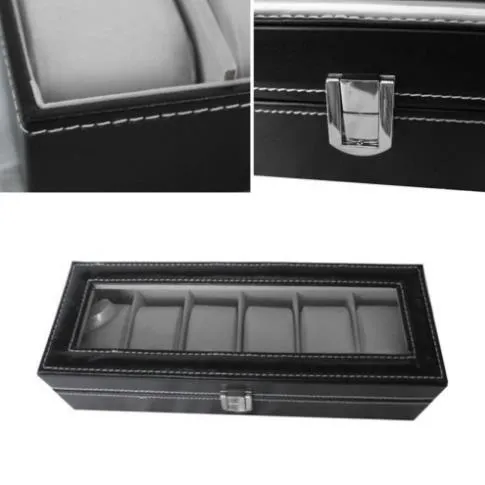 Titta på lådor Fall 6 Grid Pu Leather Watch Storage Box Rektangel Handsur Holder smycken Display Fall för gåvor LL 17225C