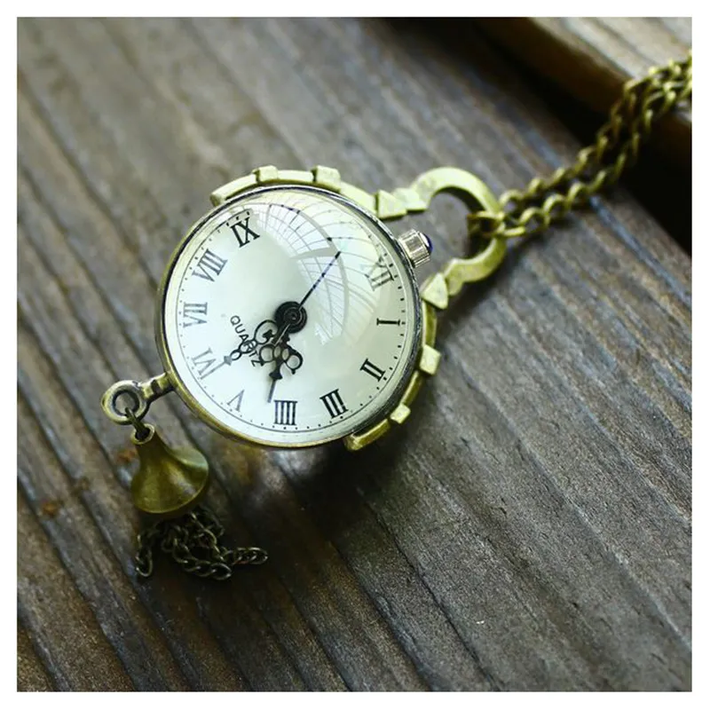 Hela marknadsföring Retro Vintage Bronze Quartz Ball Glass Pocket Watch Necklace Chain Steampunk Jun 1181E