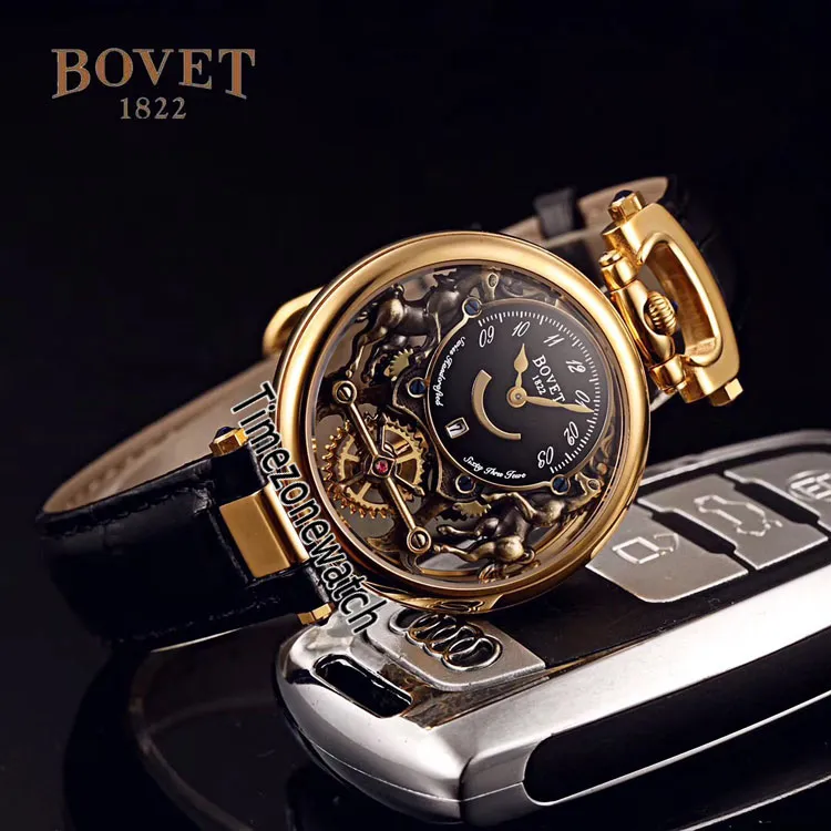 Bovet Swiss Quartz Mens Watch Amadeo Fleurier Rose Gold Skeleton White Dial Watches Brown Leather Strap Watches Cheap TimeZonewatc190q