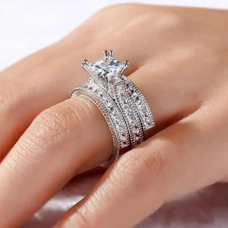 Bagues de luxe en diamant simulé taille princesse, ensembles 3 en 1, bague de fiançailles, de mariage pour femmes, plaqué or blanc 14 carats, bijoux 310A