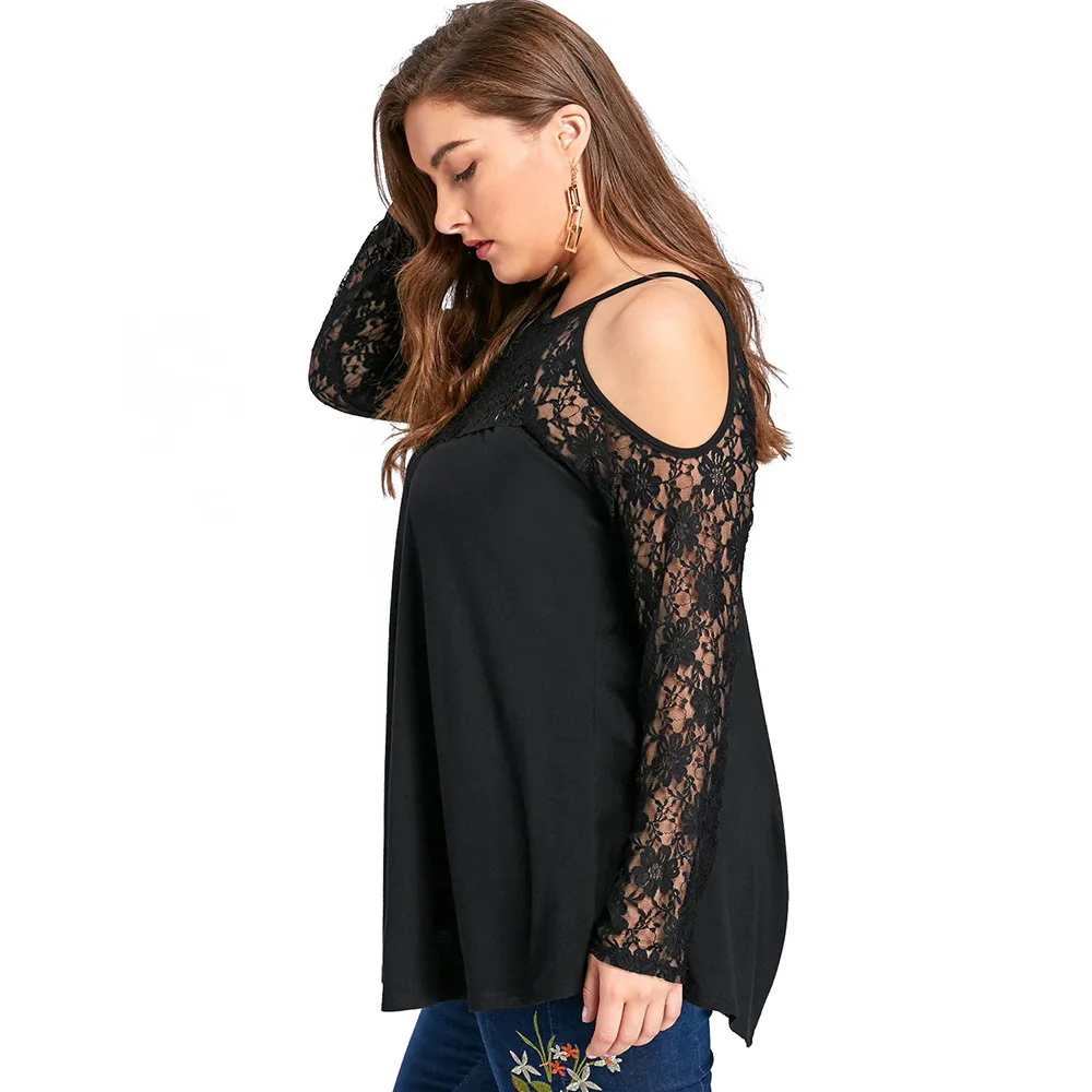 Wipalo Plus Size Femmes Blouses 5XL Cold Shoulder Lace Up Tops Femmes Vêtements Sexy Dentelle Crochet Sheer Mesh Blouse Chemises Grande Taille T200321