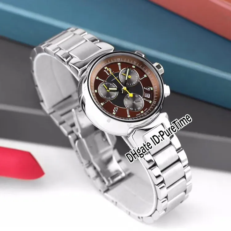 NOWOŚĆ Q11215 STALOWA CUSE 34 mm brązowa tarcza Czarna Subdial Japan Quartz Chronograph Watch Watch Bransoletka ze stali nierdzewnej zegarki Puretim2045